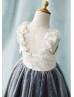 Ivory Lace Tulle Navy Blue Sequin V Neck Short Flower Girl Dress